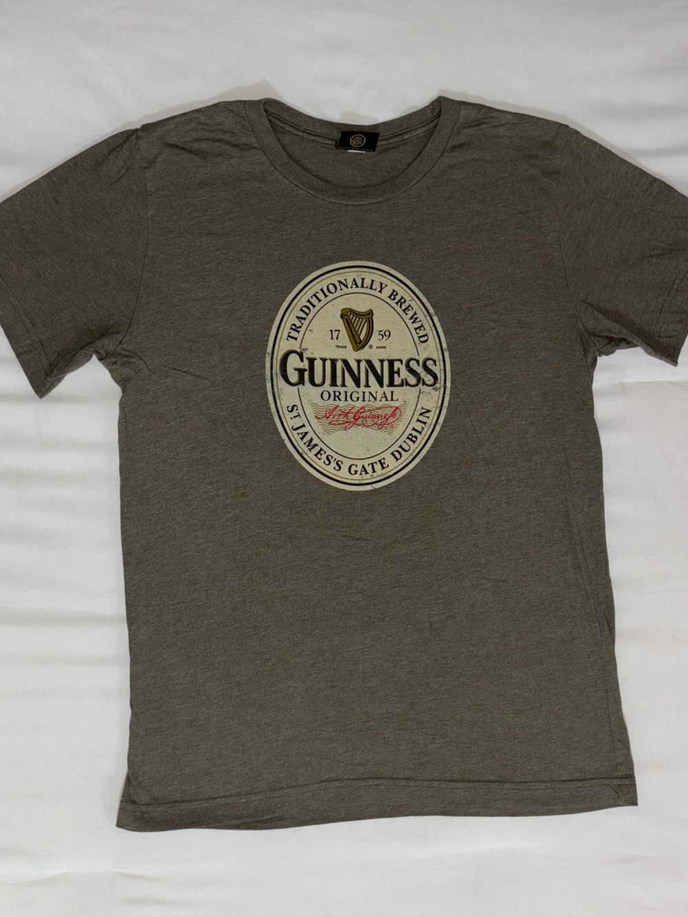 Guinness Olive Gray Logo Tee with Cream and Black Print